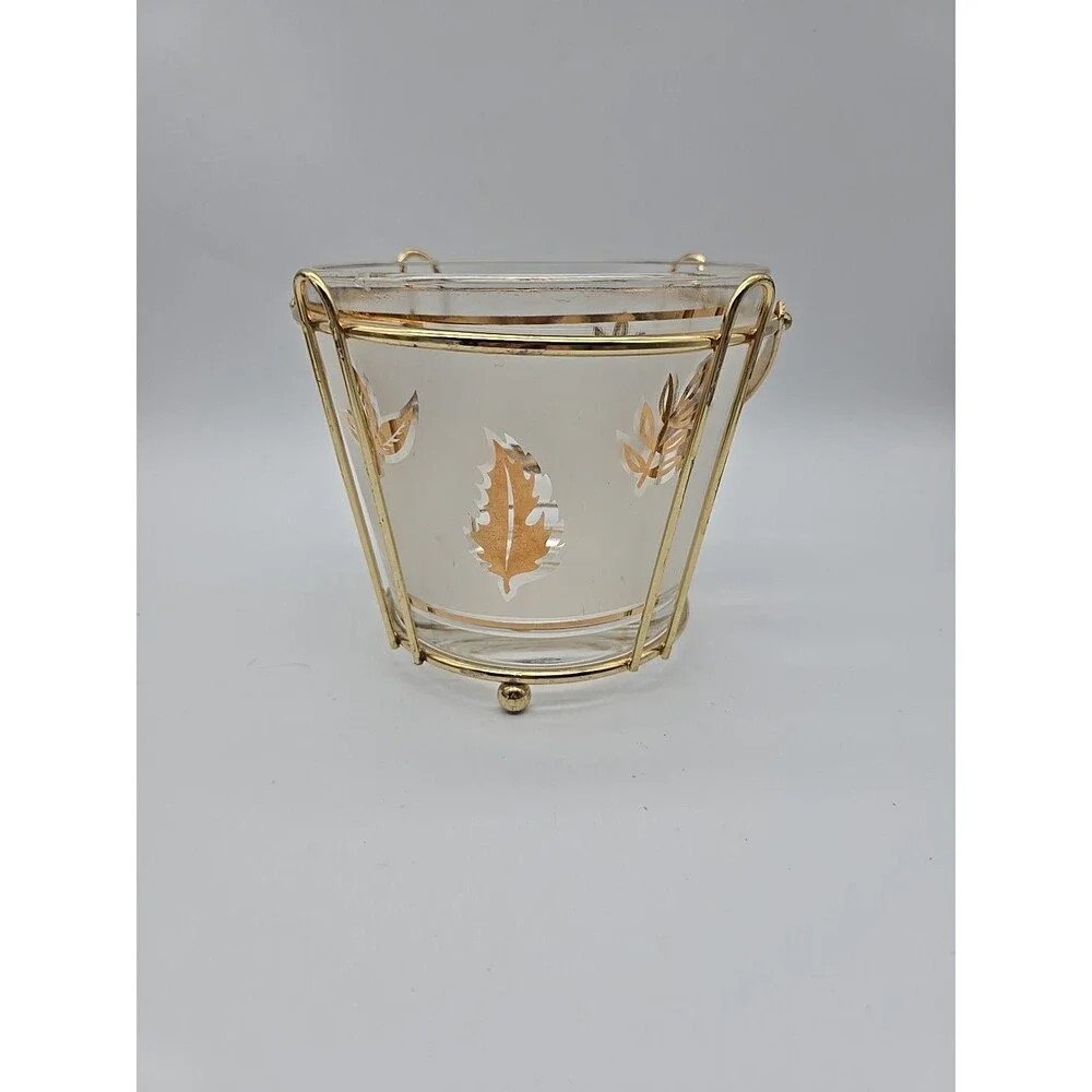MCM G Reeves Ice Bucket Gold Leaves Foliage Frosted Glass
